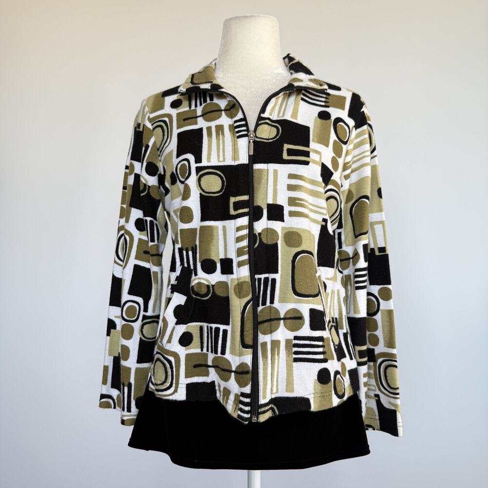 Onque Petite Jacket Womens PL Green Geometric Zip Front Knit Petite Short Casual